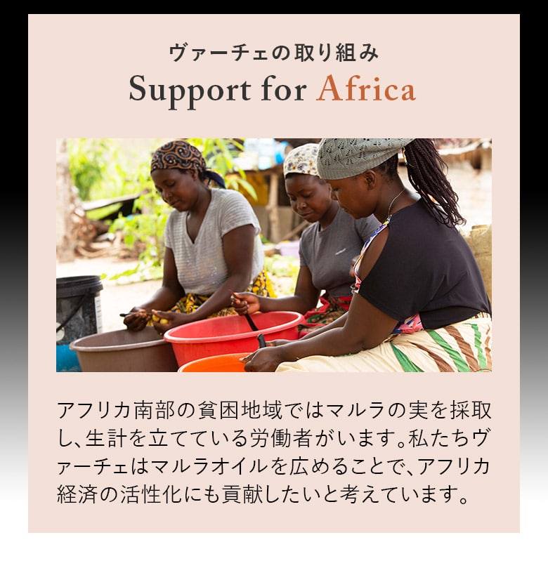 ヴァーチェの取り組みSupport for Africaアフリカ南部の貧困地域ではマルラの実を採取し、生計を立てている労働者がいます。私たちヴァーチェはマルラオイルを広めることで、アフリカ経済の活性化にも貢献したいと考えています。